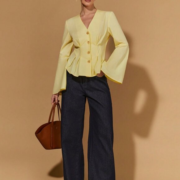 Light Yellow Elegant Women's Deep V-Neck Flare Sleeve Blouse - Picture 3 of 7
